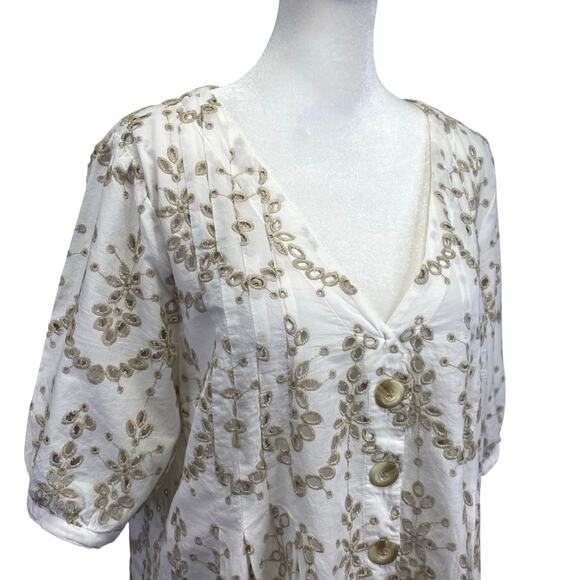 FEATHER BONE Anthropologie Medina White Eyelet Scalloped Blouse Boho Wmns Sz 12 - Picture 4 of 12